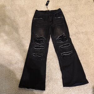 Fashion Nova Black Flare Distressed Jeans